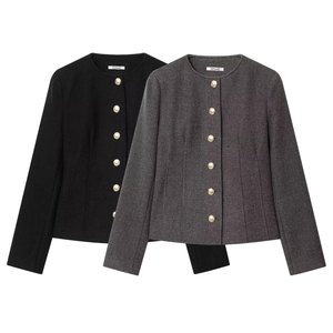 Women Vintage Tweed Short Jacket Round Neck Single Breasted Gold Buttons Slim Fit Long Sleeve Casual Outerwear Coat