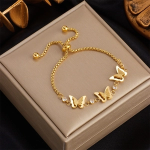 Gold Titanium Steel Butterfly Bracelet For Women Simple Fashion Adjustable Chain Bracelet With Rhinestone Vintage Jewelry Gift