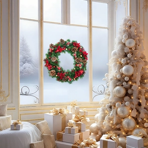 Close-up of a festive Christmas wreath hanging on a white French window with gift boxes