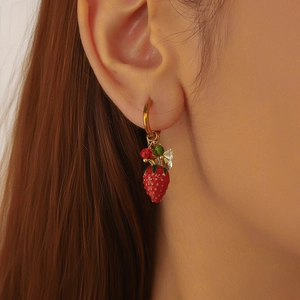 Korean style strawberry drop earrings with red fruit pendant and green beaded accents