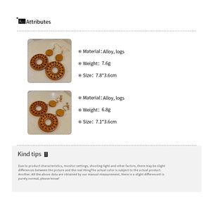 Detail of vintage wooden hollow sun earrings with alloy hooks and clip-on options