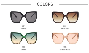 Four colors of oversized square cat eye sunglasses including black, leopard, and champagne