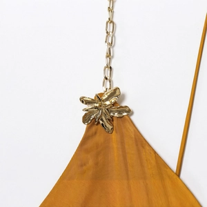 Satin ginger midi dress featuring gold metal chain straps and 3D floral accents