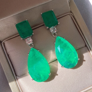 Pear shape emerald green drop earrings with rectangle crystals in jewelry gift box