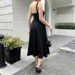 Detailed back view of a black A-line midi dress with spaghetti straps and ruched waist