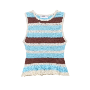 Striped knit sleeveless top with horizontal blue, white and brown stripes in a slim fit