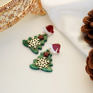 Christmas Tree Dangle Earrings With Red Santa Hat Snowflake And Star Acrylic Festive Holiday Jewelry For Women Girls