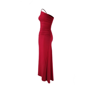 Detail showing side ruching on a red one-shoulder bodycon midi dress with slim fit