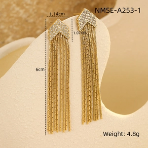 Detail view of gold tassel earrings with V-shape zircon studs and size specifications