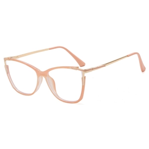 Cat eye glasses frames with transparent orange pink rims and gold metal temples