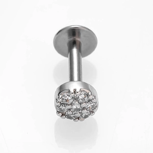 Macro view of 316L stainless steel labret stud with pavé-set round cubic zirconia