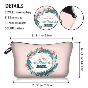 Detail showing the Happy Mother's Day pink makeup bag with size dimensions and zipper