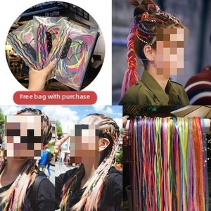 Detailed views of rainbow gradient hair tinsel for braiding with clear storage bag