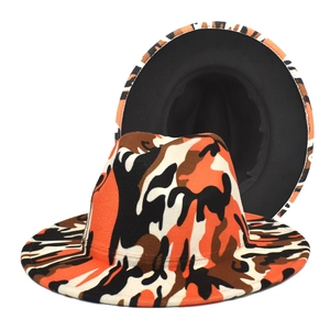 Fashionable camouflage wool fedora with wide brim in orange and brown digital print