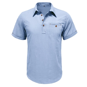 Detail of light blue cotton linen shirt with polo collar and brown wood buttons