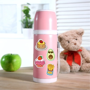 Cute cartoon food stickers applied on a pink thermal water bottle for kids decoration