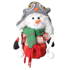 Christmas snowman plush ornament with grey owl hat and green scarf for holiday decor