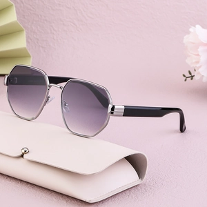Chic square sunglasses with silver metal frames and purple gradient lenses on a pink background