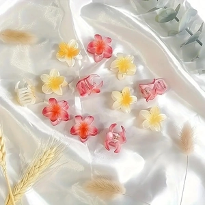 Detail of 4cm candy-colored frangipani hair claws in white-yellow and pink gradients