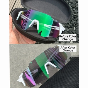 Macro view of white-framed photochromic sports glasses showing color change effect