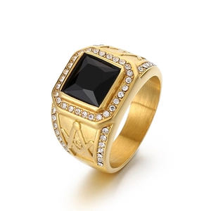 Gold Masonic ring for men with square black gemstone and crystal pavé details
