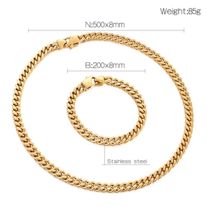 Detailed dimension guide for gold stainless steel Cuban chain necklace and bracelet set