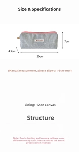 Detailed size chart of denim pencil case with dimensions 20x7x4.5cm and material specs