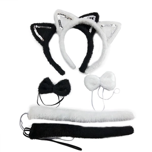 Cerchietti con orecchie da gatto per Halloween con papillon e code di peluche neri e bianchi