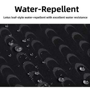 Close-up of water-resistant fabric with crescent pattern showing clear water droplets