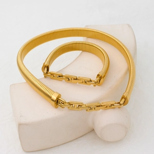 Gold-plated stainless steel snake chain necklace and bracelet set with H-link buckle