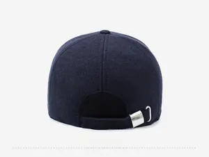 Rear view of winter baseball cap with adjustable silver metal buckle and wool texture