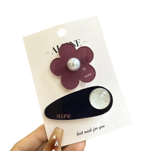 Alline floral fabric hair clip set with purple flower and polka dot oval design