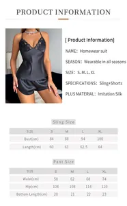 Size chart for women's lace silk camisole and shorts set detailing S to XL measurements