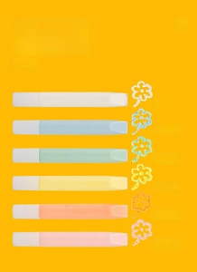Macro detail of six macaron-colored cylindrical vaporizers on a bright yellow background