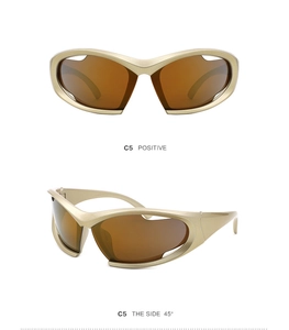 Front and side 45 degree views of champagne gold Y2K steampunk sunglasses with brown lenses