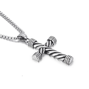 Collana vintage in acciaio inossidabile con pendente a croce argento striato