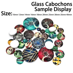 Luminous glow-in-the-dark round glass cabochons with tree of life and skull patterns