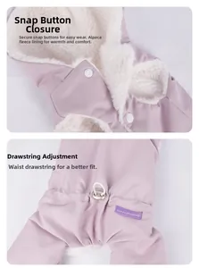 Detail of dog winter jumpsuit featuring snap buttons, drawstring and fleece lining