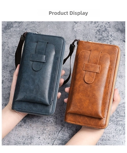 Long leather wallet for men featuring multi-card slots and a zipper phone compartment