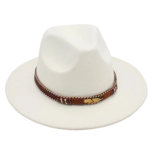 Detail showing beige wool fedora hat with brown band, gold feather and ethnic beads