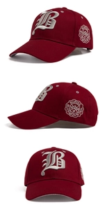 Detailed views of wine red cotton baseball cap with silver 3D embroidered letter B