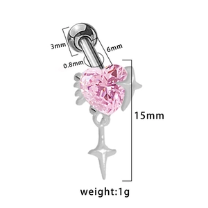 Macro shot of 15mm pink heart crystal piercing jewelry with size and weight annotations