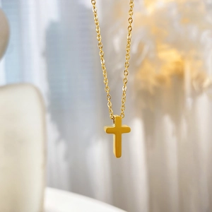 Elegant gold titanium steel cross necklace with OT buckle and polished flower detail