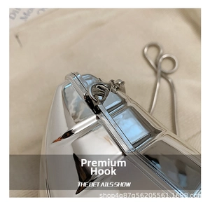 Detail shot of the polished silver metal hinge and chain hook on the acrylic star bag