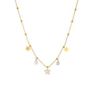 Golden bead chain necklace with star pendants and white shell inlay on white background