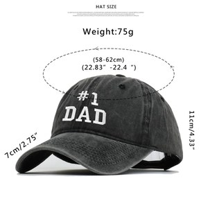 Detail of embroidered #1 DAD logo on charcoal gray washed cotton baseball cap with size specs