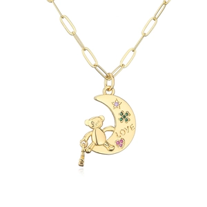18K gold plated crescent moon necklace with cute bear and colorful zircon charms