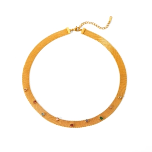 Gold mesh necklace with colorful small gemstones and adjustable lobster clasp closure