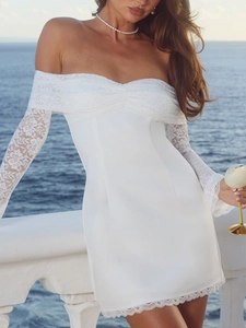 Elegant white off-shoulder lace long sleeve mini dress with a slim fit and scallop hem
