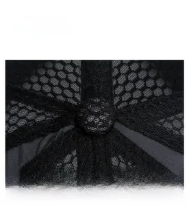 Macro shot of breathable mesh fabric and top button on a black summer sports cap
